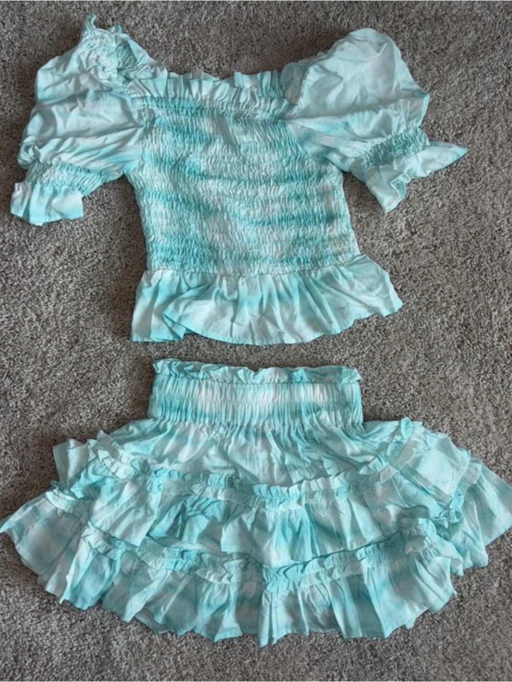 Cake For Dinner Aqua Blue Tie Dye Smocked Ruffle Crop Top Skirt Set XS